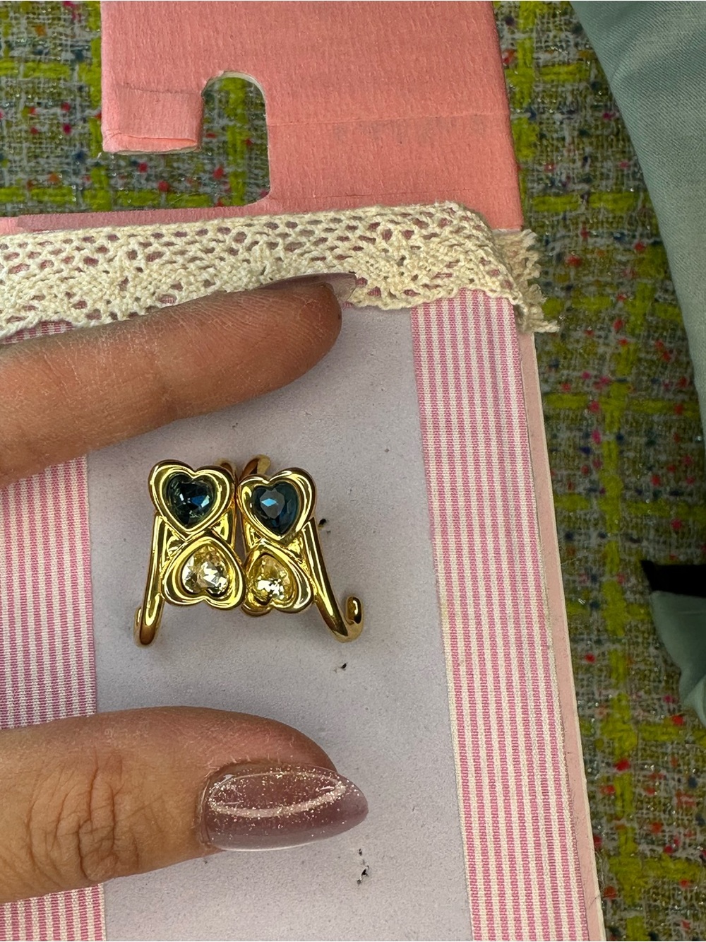 Gold Heart Cluster Clip-On Earrings with Blue and Clear Stones